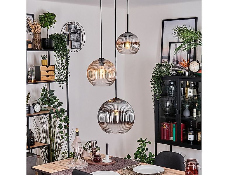 hofstein Hängeleuchte Hängelampe aus Metall/Riffelglas in Schwarz/Rauch/Ber günstig online kaufen