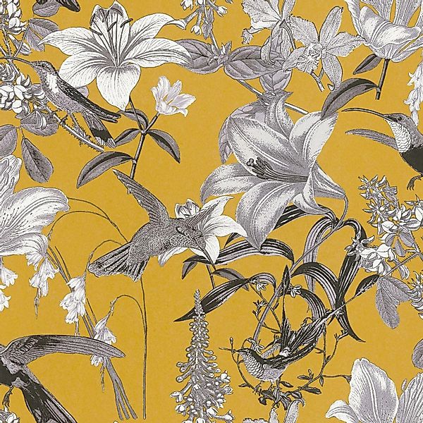 PROFHOME 377013-GU Blumen Tapete Kolibri Matt Gelb Grau Schwarz 0,53 m x 10 günstig online kaufen