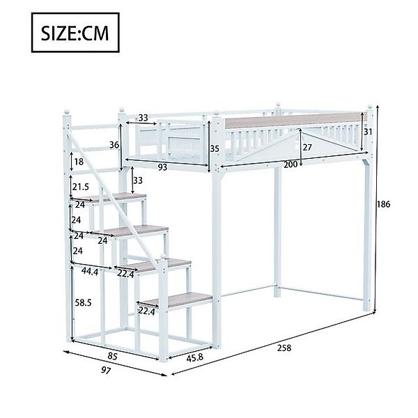 Flieks Hochbett Metallbett Kinderbett 90x200cm mit Treppe und Sicherheitsza günstig online kaufen