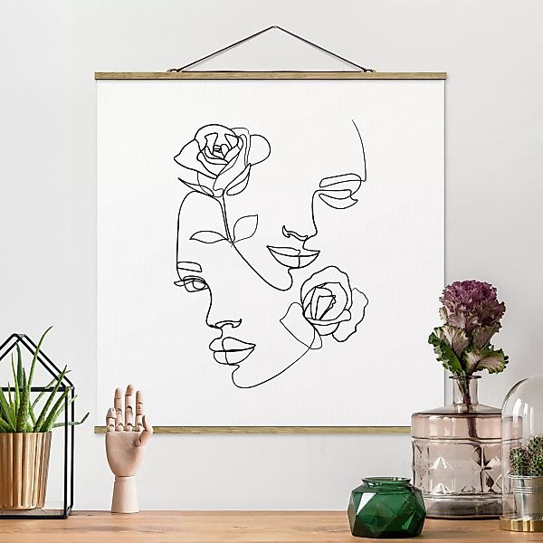 Stoffbild Abstrakt mit Posterleisten - Quadrat Line Art Gesichter Frauen Ro günstig online kaufen