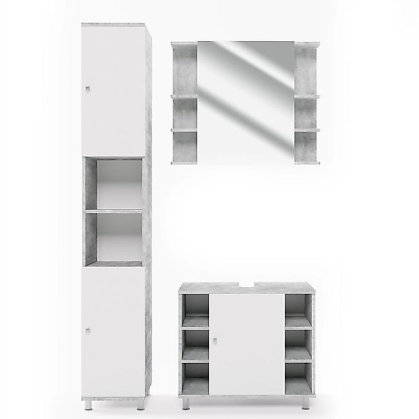 Vicco Badmöbel-Set Fynn Beton/Weiß 3 Teile mit Hochschrank günstig online kaufen