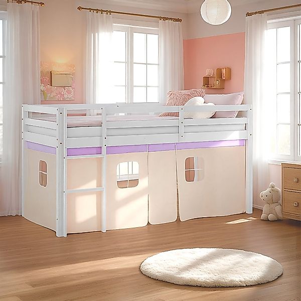 Homestyle4u Kinderbett Hochbett 90x200 mit Lattenrost Vorhang Lila Orange 2 günstig online kaufen