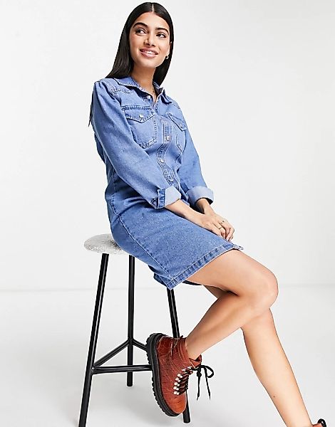 New Look – Kurzes Denim-Hemdkleid in Mittelblau günstig online kaufen
