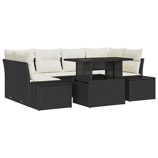 vidaXL Loungesofa 7-teiliges Garten-Sofa-Set mit Kissen Schwarz Poly-Rattan günstig online kaufen