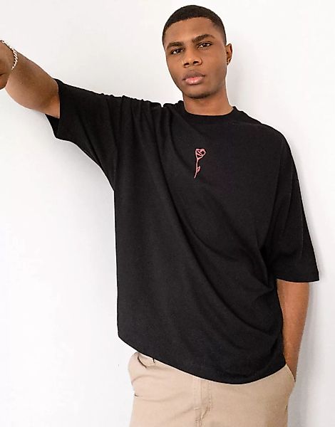 ASOS DESIGN – Oversize-T-Shirt in Schwarz mit Rosenprint günstig online kaufen