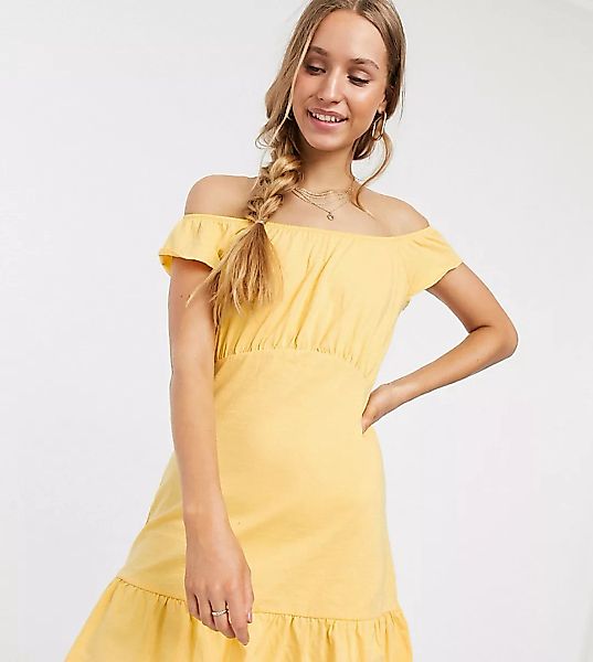 ASOS DESIGN Tall – Schulterfreies Mini-Sommerkleid mit Schößchensaum in But günstig online kaufen
