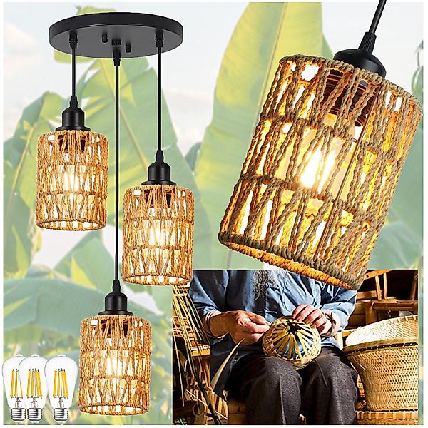MUPOO LED Pendelleuchte 1/3-flammige Rattan Deckenlampe günstig online kaufen