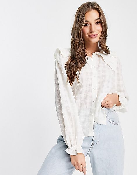New Look – Hemd mit Rüschenkragen in gebrochenem Weiß günstig online kaufen
