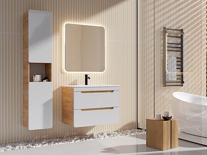 Badhochschrank - Holzfarben & Weiß - 35 x 32 x 170 cm - ARUBA günstig online kaufen