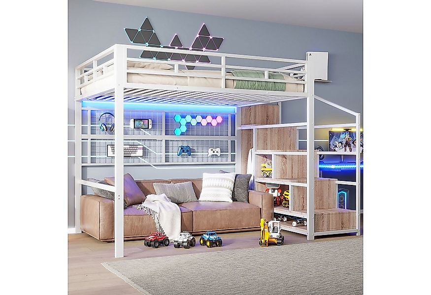 Merax Hochbett 140x200 cm mit LED-Beleuchtung (Doppelbett Jugendbett Kinder günstig online kaufen