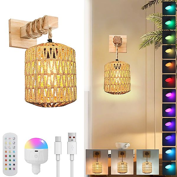 Jibenhome LED Nachtlicht Boho Rattan Wandleuchte günstig online kaufen