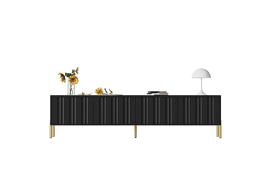 HAUSS SPOLE Lowboard 190x38x48 cm mit 4 gerillten Türen und goldene Tischbe günstig online kaufen