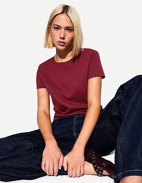 Bershka Kurzarm-T-Shirt Heavy Cotton Damen Xl Bordeaux günstig online kaufen