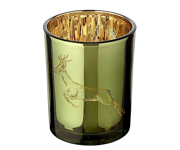 EDZARD Windlicht Sammy, Glas, Hirsch-Motiv, grün und gold, H 13 cm, Ø 10 cm günstig online kaufen