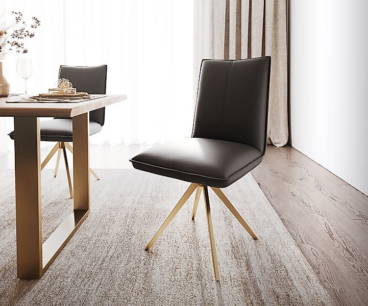 Drehstuhl Lelio-Flex Echt Leder Schwarz Kreuzgestell kantig Gold 180° drehb günstig online kaufen