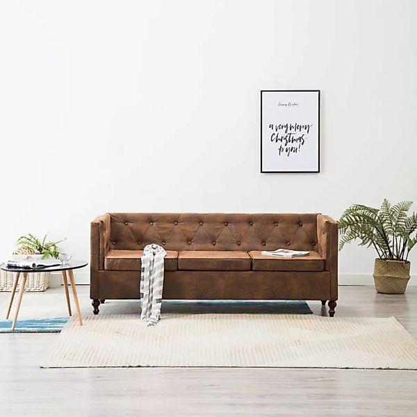 Chesterfield-sofa 3-sitzer Stoffpolsterung Braun Wildlederoptik günstig online kaufen