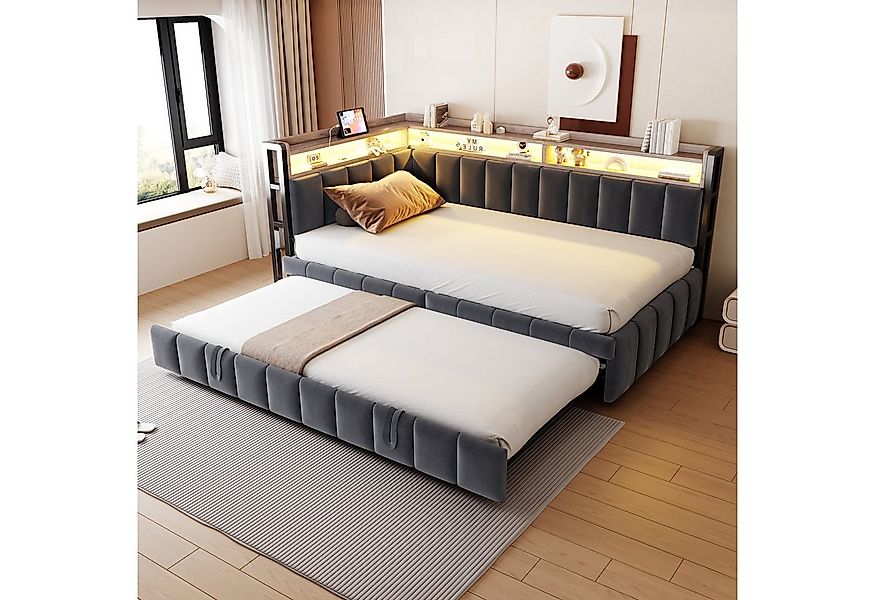 Flieks Daybett, LED Polsterbett Schlafsofa 90x200cm mit Aufladen, Ausziehbe günstig online kaufen