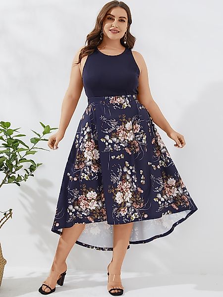 YOINS Plus Größe Navy Random Blumendruck Ärmellos Kleid günstig online kaufen