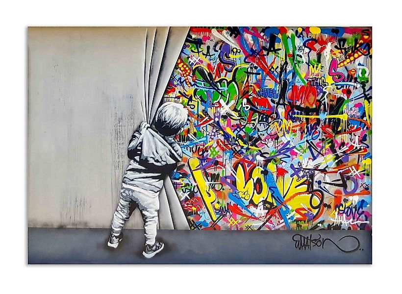 Leinwando Leinwandbild Banksy junge hinter dem Vorhang / Graffiti Bilder zu günstig online kaufen