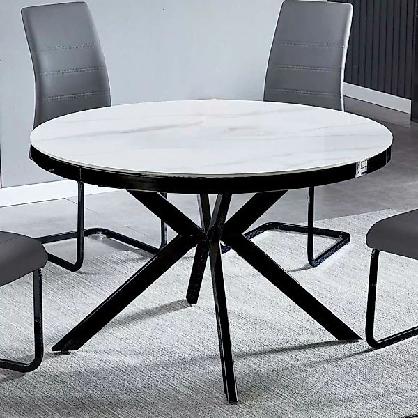Runder Esszimmer Tisch in Marmor Optik Weiß Sinterstein Platte günstig online kaufen