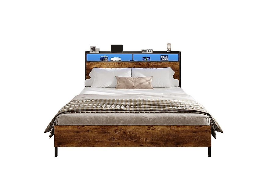 MSMASK Bett Bett mit LED Beleuchtung, Metallbett mit Steckdose, Braun, mit günstig online kaufen