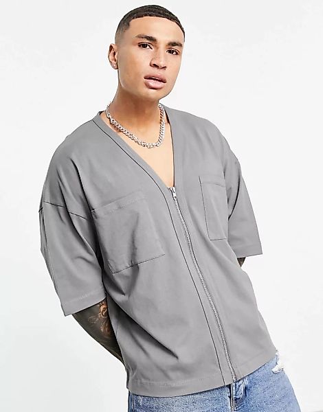 ASOS DESIGN – Oversize-Hemd aus Jersey in verwaschenem Schwarz mit halblang günstig online kaufen