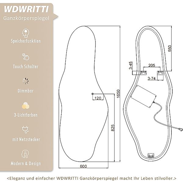 WDWRITTI Dekospiegel Rahmenlos Ganzkörperspiegel mit Beleuchtung günstig online kaufen