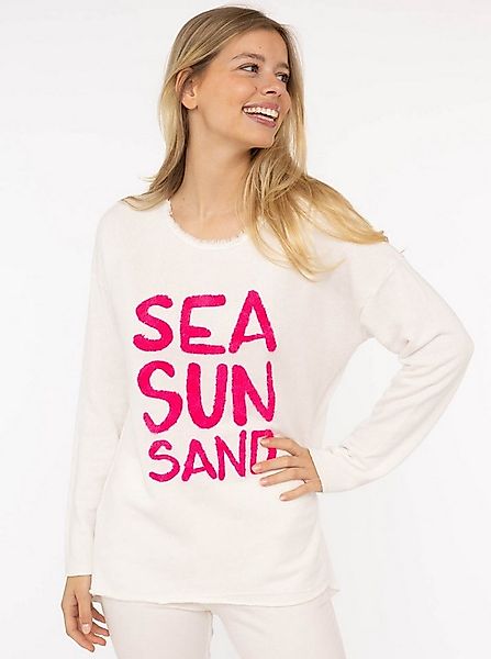 Zwillingsherz Sweater "Sea Sand Sun" Flock-Print, ausgefranster Rundhalsaus günstig online kaufen