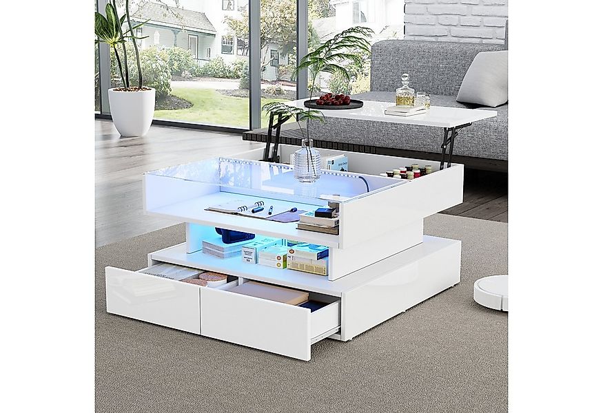 Merax Couchtisch höhenverstellbar Sofatisch Hochglanz Beistelltisch mit LED günstig online kaufen