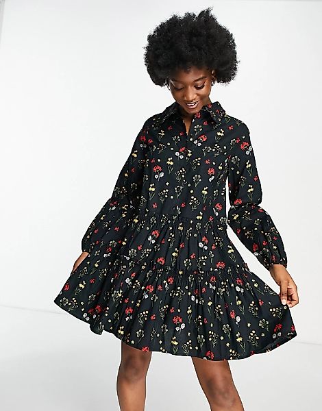 Miss Selfridge – Hemdkleid mit Rüschen, Kragen und Blumen-Zweigen-Muster-Sc günstig online kaufen