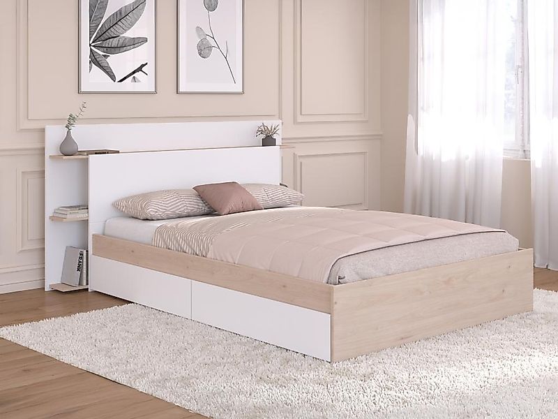 Bett mit 4 Schubladen + Lattenrost - 140 x 190/200 cm - Holzfarben & Weiß - günstig online kaufen