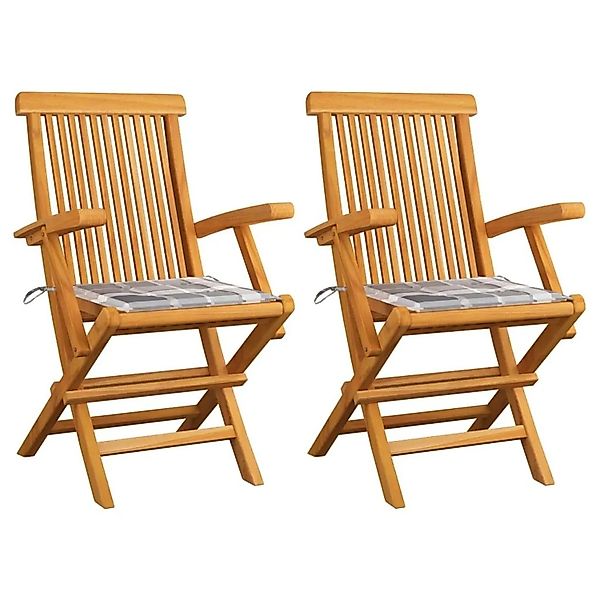 vidaXL Gartenstühle Graue Karomuster-Kissen 2 Stk Massivholz Teak 3062501 günstig online kaufen