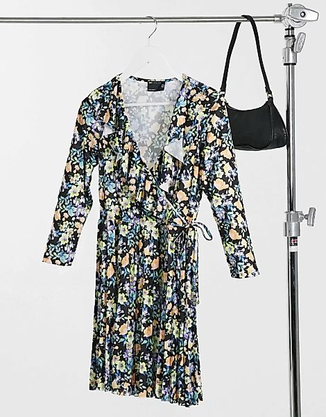 ASOS DESIGN – Langärmliges, plissiertes Minikleid in Schwarz mit Blumenmust günstig online kaufen