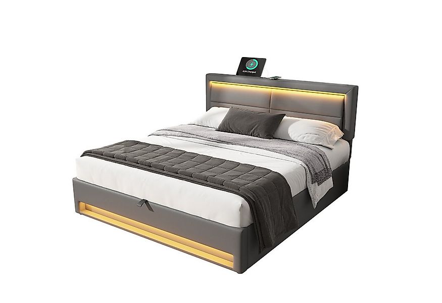 Flieks Polsterbett, LED Doppelbett 160x200cm mit USB-Anschluss und hydrauli günstig online kaufen