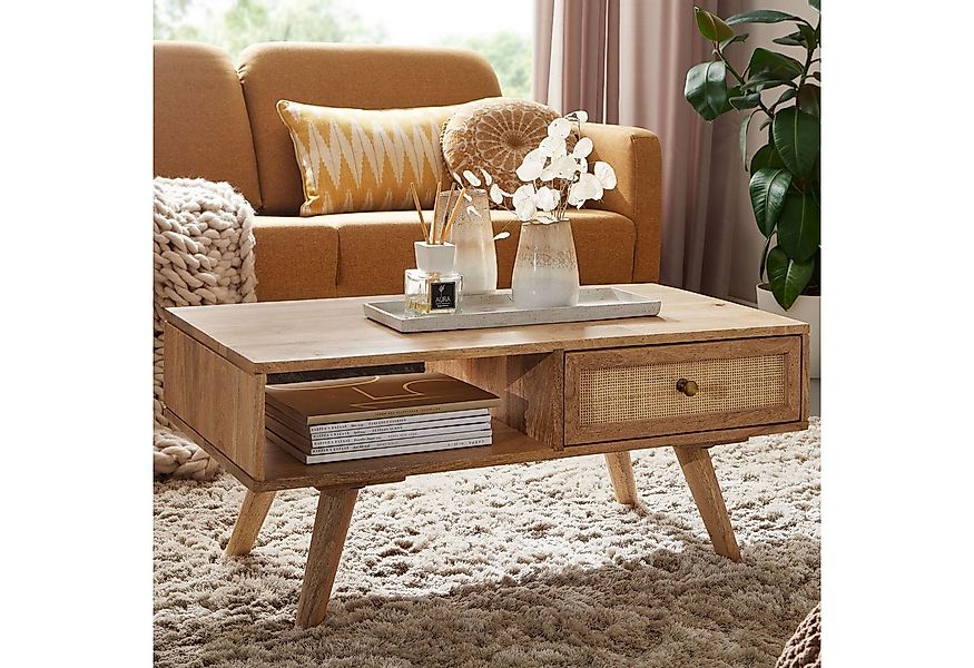 FINEBUY Couchtisch FB60940 90cm Massiv Rattan Wohnzimmertisch eckig Ablage günstig online kaufen