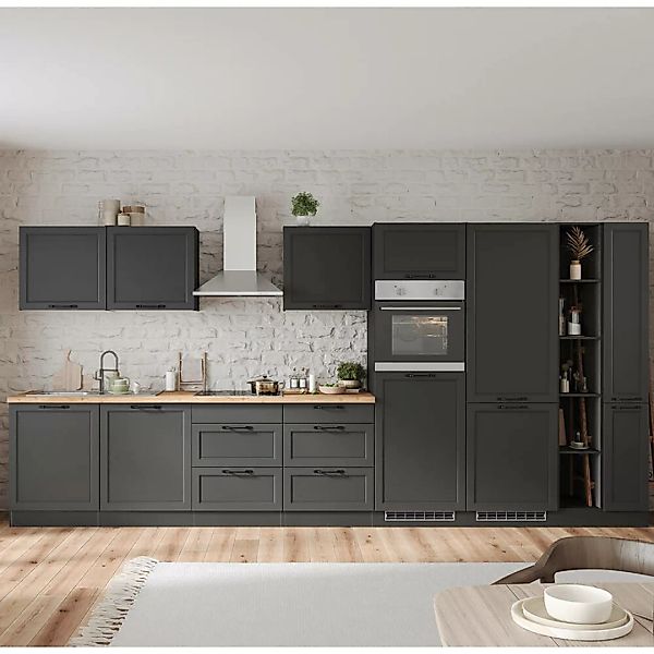 Küchenzeile 420 cm mit E-Geräten in grau, Arbeitsplatte in Eiche, MONTERREY günstig online kaufen