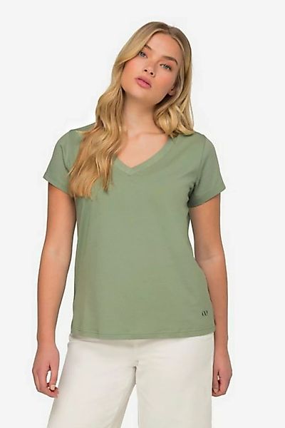 Laurasøn Rundhalsshirt T-Shirt kleiner Knoten Print V-Ausschnitt Halbarm günstig online kaufen