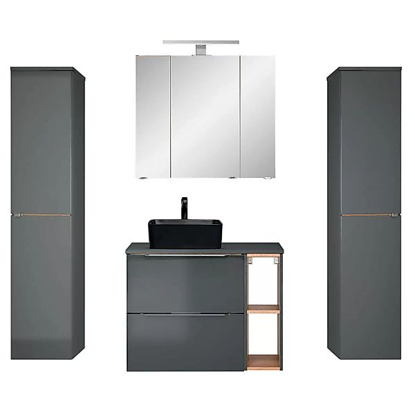 Badmöbel Set 4-teilig mit 80cm Waschtisch, grau Hochglanz mit Eiche Nb. AMA günstig online kaufen
