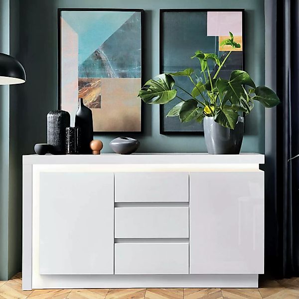 Sideboard mit 3 Schubkästen und 2 Türen in weiß Hochglanz LYNDHURST-129, B/ günstig online kaufen