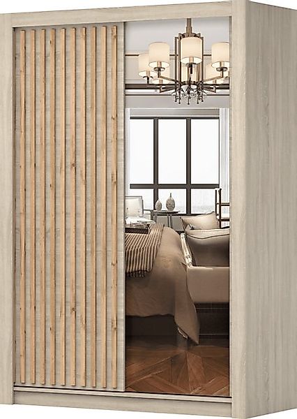 MOEBLO Kleiderschrank LINX (Moderner Schwebetürenschrank mit Holzlamellen u günstig online kaufen