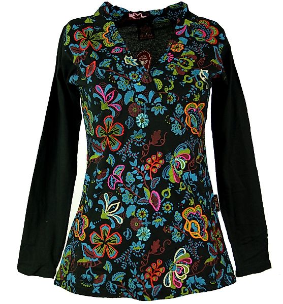 Guru-Shop Longsleeve Besticktes Langarmshirt mit V-Neck günstig online kaufen