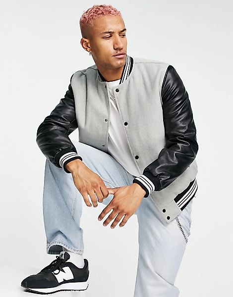 ASOS DESIGN – College-Jacke in Grau mit farblich abgesetzten Ärmeln aus Kun günstig online kaufen