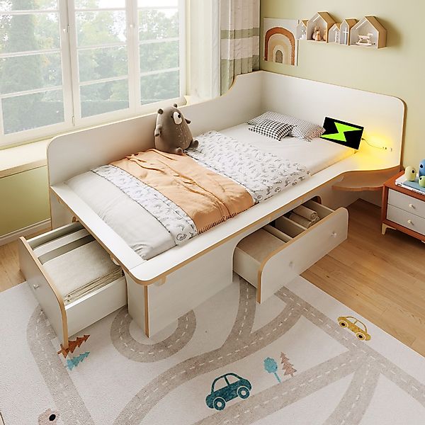 Flieks Kinderbett, Holzbett 90x200cm mit Nachtlicht, günstig online kaufen