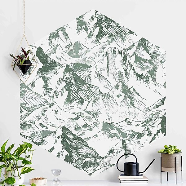 Hexagon Fototapete selbstklebend Illustration Berglandschaft Grün günstig online kaufen