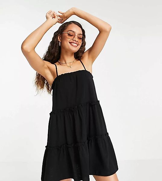 ASOS DESIGN Petite – Riemchen-Sommerkleid in Schwarz mit gestuftem Rüschen- günstig online kaufen