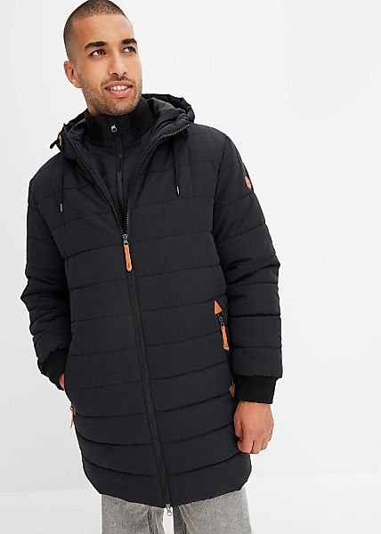bonprix Steppjacke mit Kapuze mit Lederimitat-Details, wärmende Wattierung, günstig online kaufen