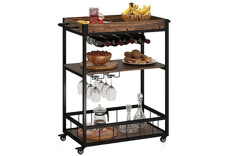 COSTWAY Küchenwagen, 3 Ebenen mit Glashalter, Weinregal & abnehmbarem Table günstig online kaufen