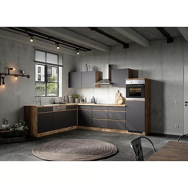 Held Möbel Winkelküche Turin 300 x 240 cm Graphit-Wotaneiche ohne E-Geräte günstig online kaufen