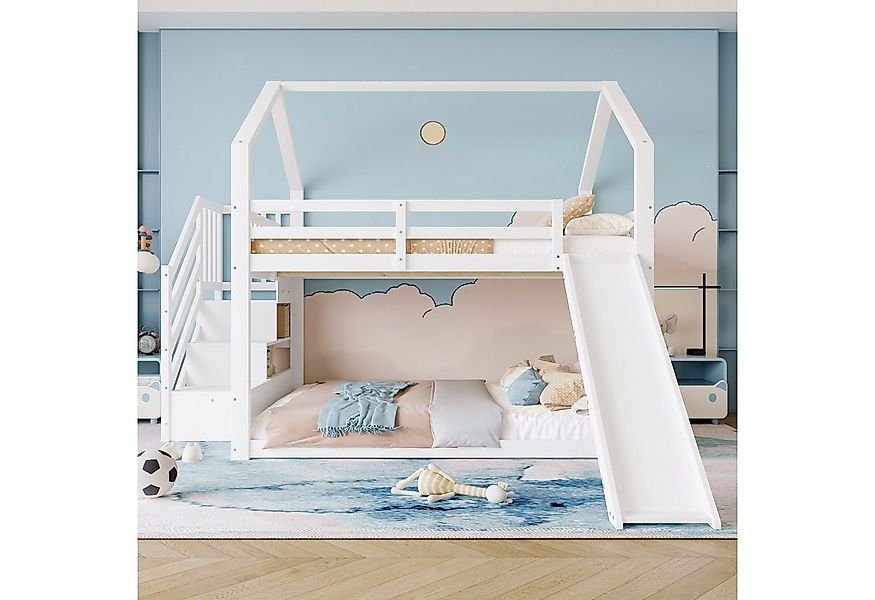 Flieks Etagenbett, Kinderbett mit Treppe & Rutsche & oberem Lattenrost 140x günstig online kaufen
