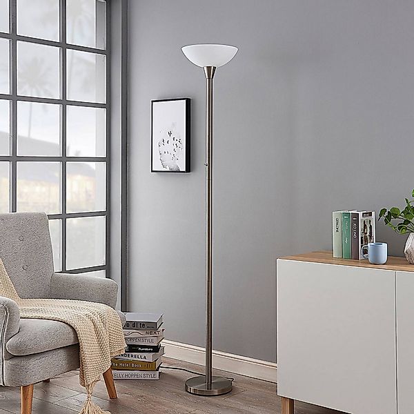 Lindby Stehlampe Ignacia, nickelfarben, Glas, 180 cm, E27 günstig online kaufen